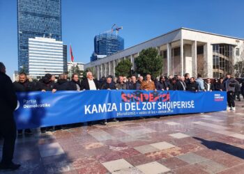 Me banderola dhe flamuj qytetarët në pritje të Berishës për nisjen e protestës