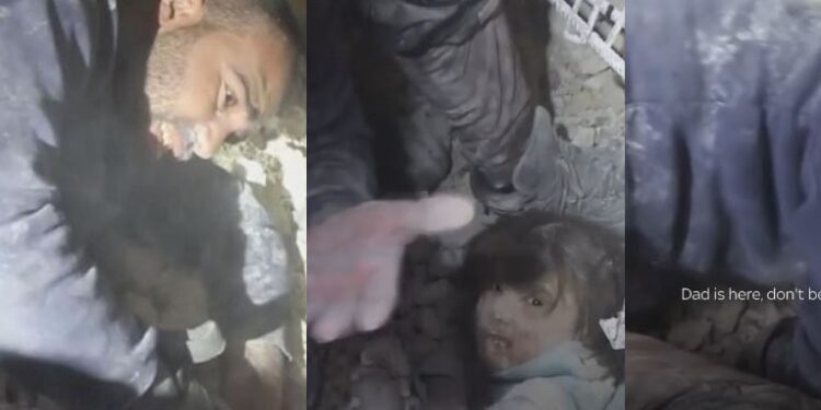 “Babi është këtu, mos u shqetëso”, momenti rrënqethës kur vajza nxirret gjallë nga rrënojat në Siri (video)