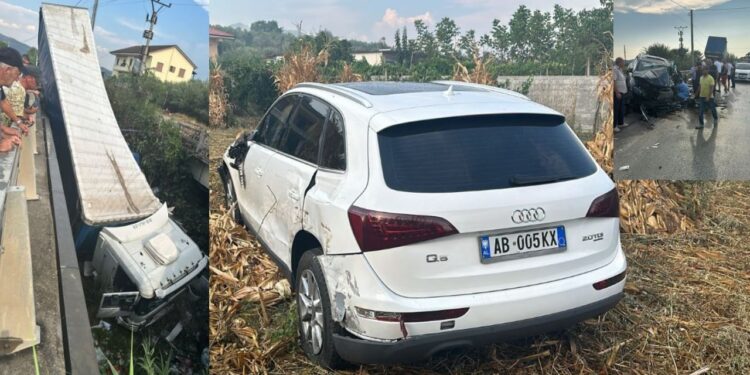 Aksidenti i frikshëm në Elbasan/ Trajleri përplas dy makina dhe përfundon në kanal, arrestohet shoferi